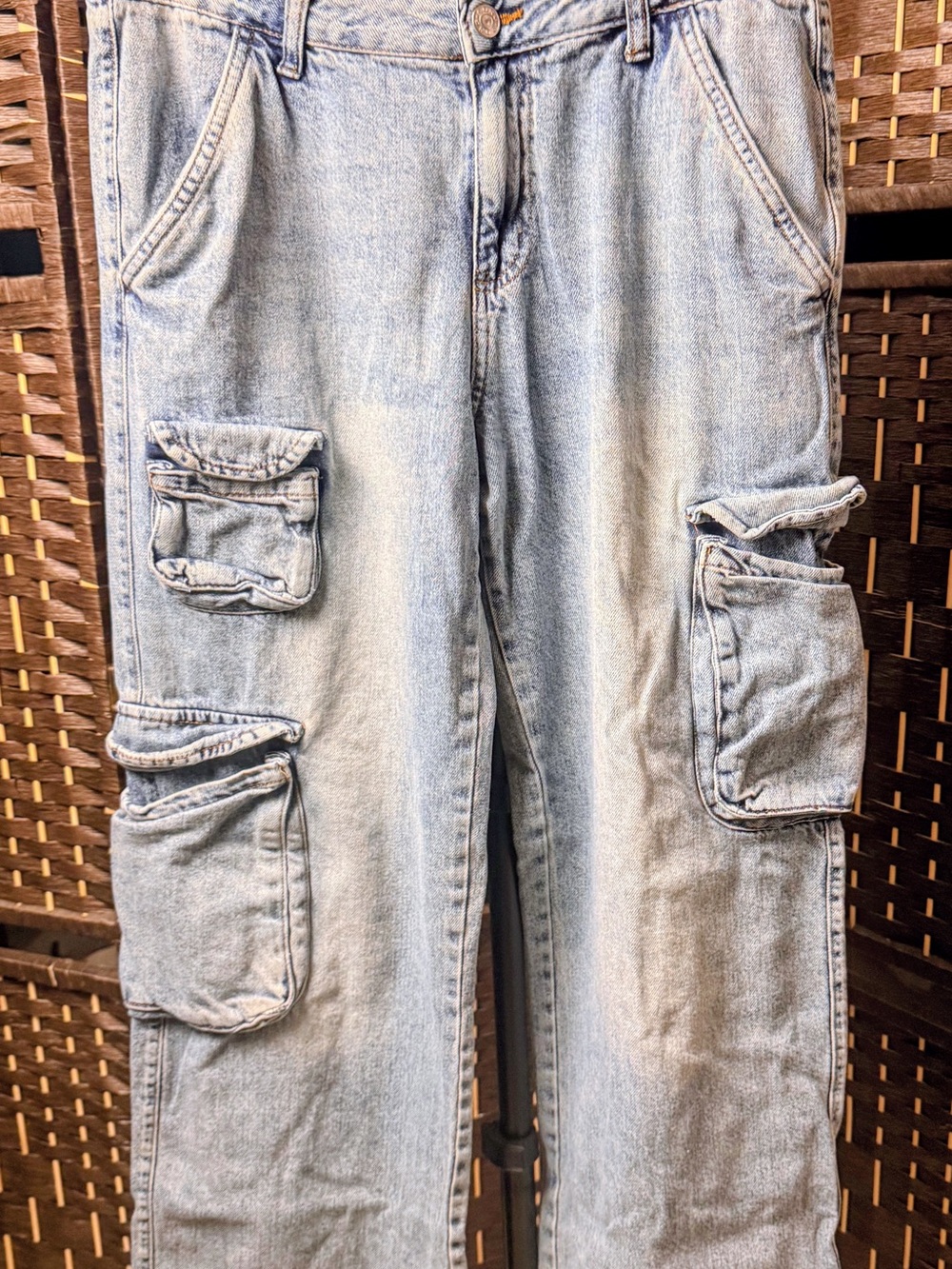 Light Blue Wide-Leg Cargo Denim Pants